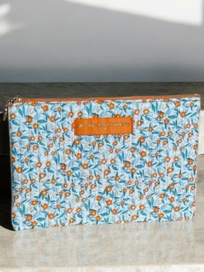 Pochette trousse porte monnaie coton matelassé liberty fleuri orange La Ptite Cachottiere