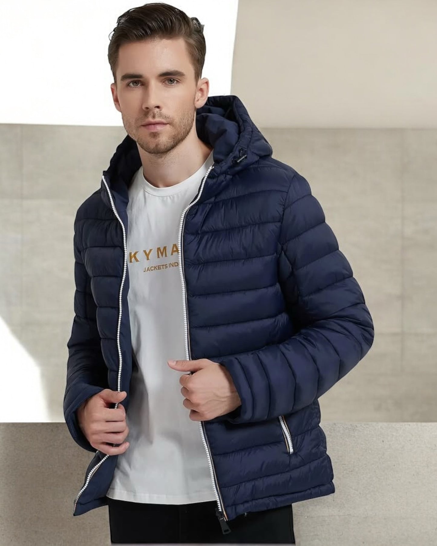 Nouveautés - Doudoune à capuche HOMME courte imperméable et réversible matelassé bleu marine