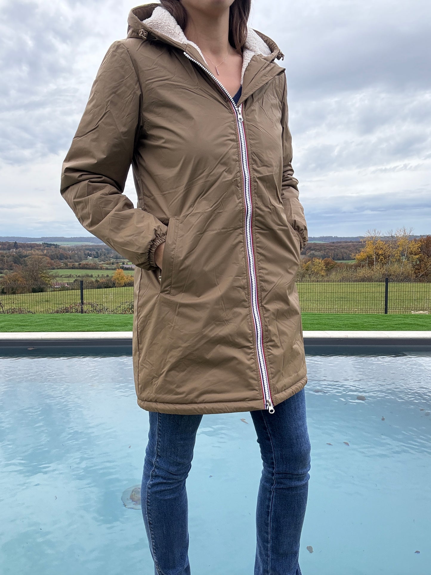 Laura Jo - Imperméable fourré long fausse fourrure camel intérieur sherpa beige