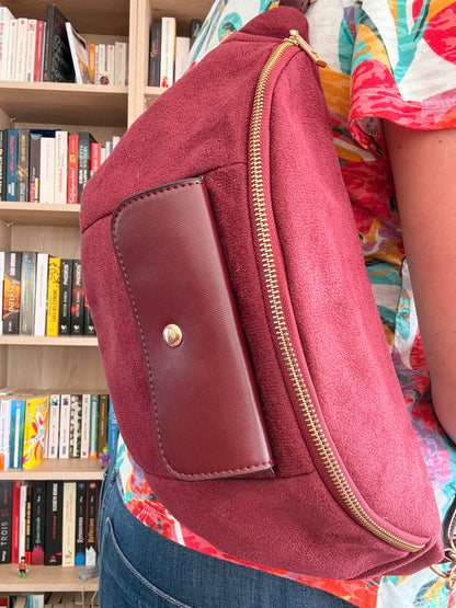 Sac banane XL femme rouge bordeaux effet daim et simili cuir – grand format tendance, bandoulière réglable, poche zippée