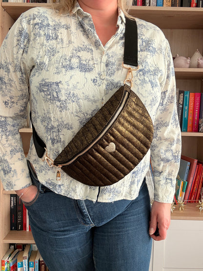 Sac banane en tissu irisé noir texturé relief élégant doré