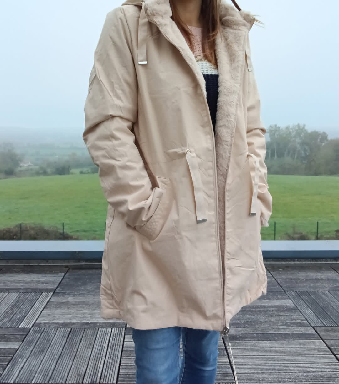 New Lolo - Manteau long BEIGE zip uni réversible, imperméable et complètement fourré resserrable à la taille