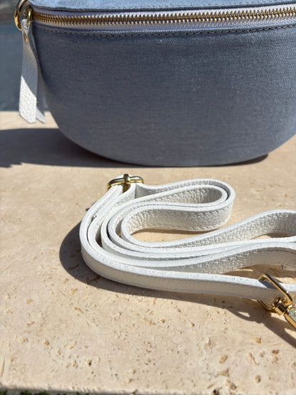 Sac banane tissu jean bandouliere blanche en cuir