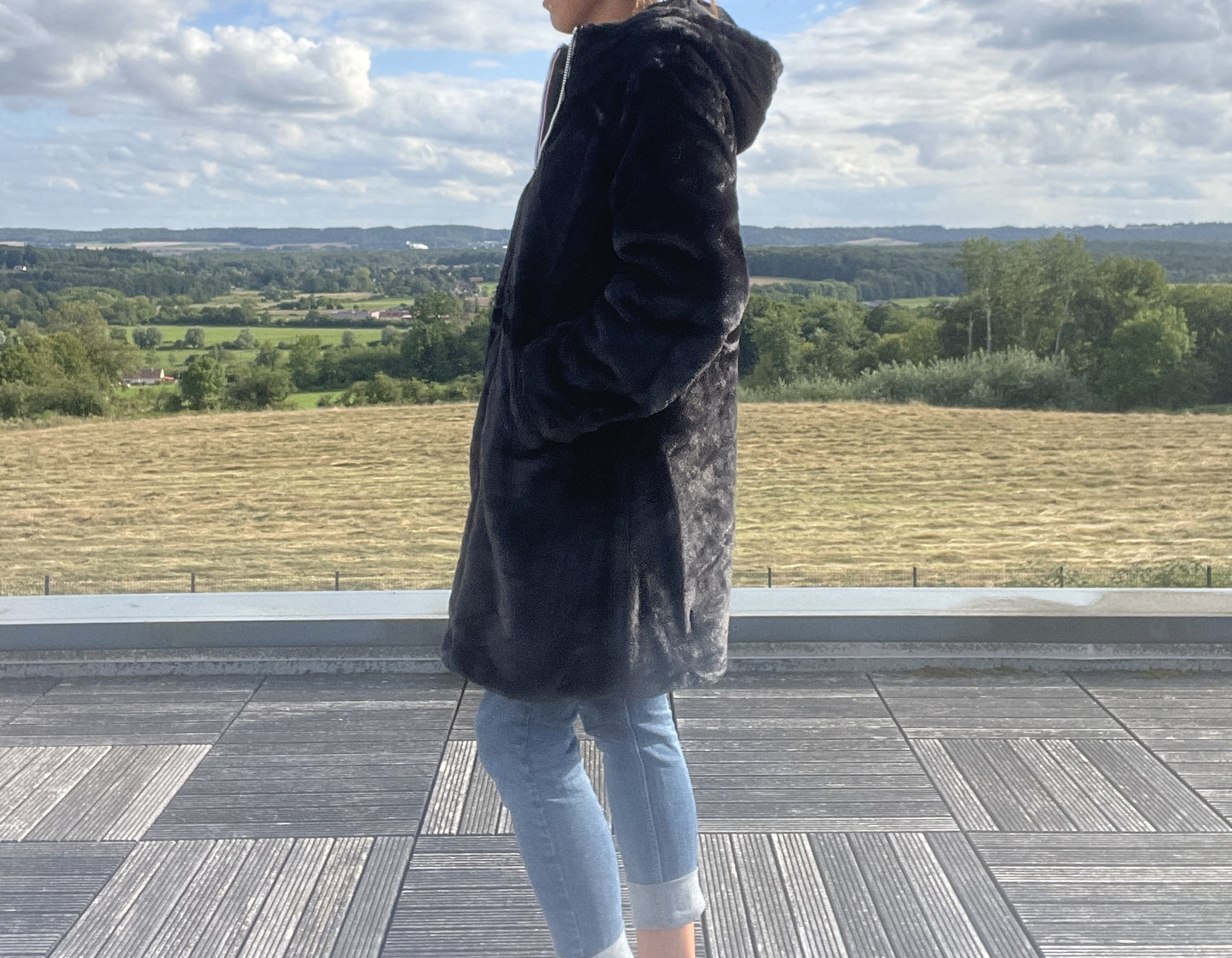 Melya Melody - Manteau long fourré fausse fourrure réversible imperméable noir - Curvy