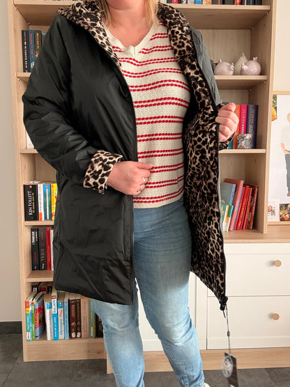 Parka Impermeable Reversible Larga de Mujer Laura Jo - Negra y Leopardo con Capucha