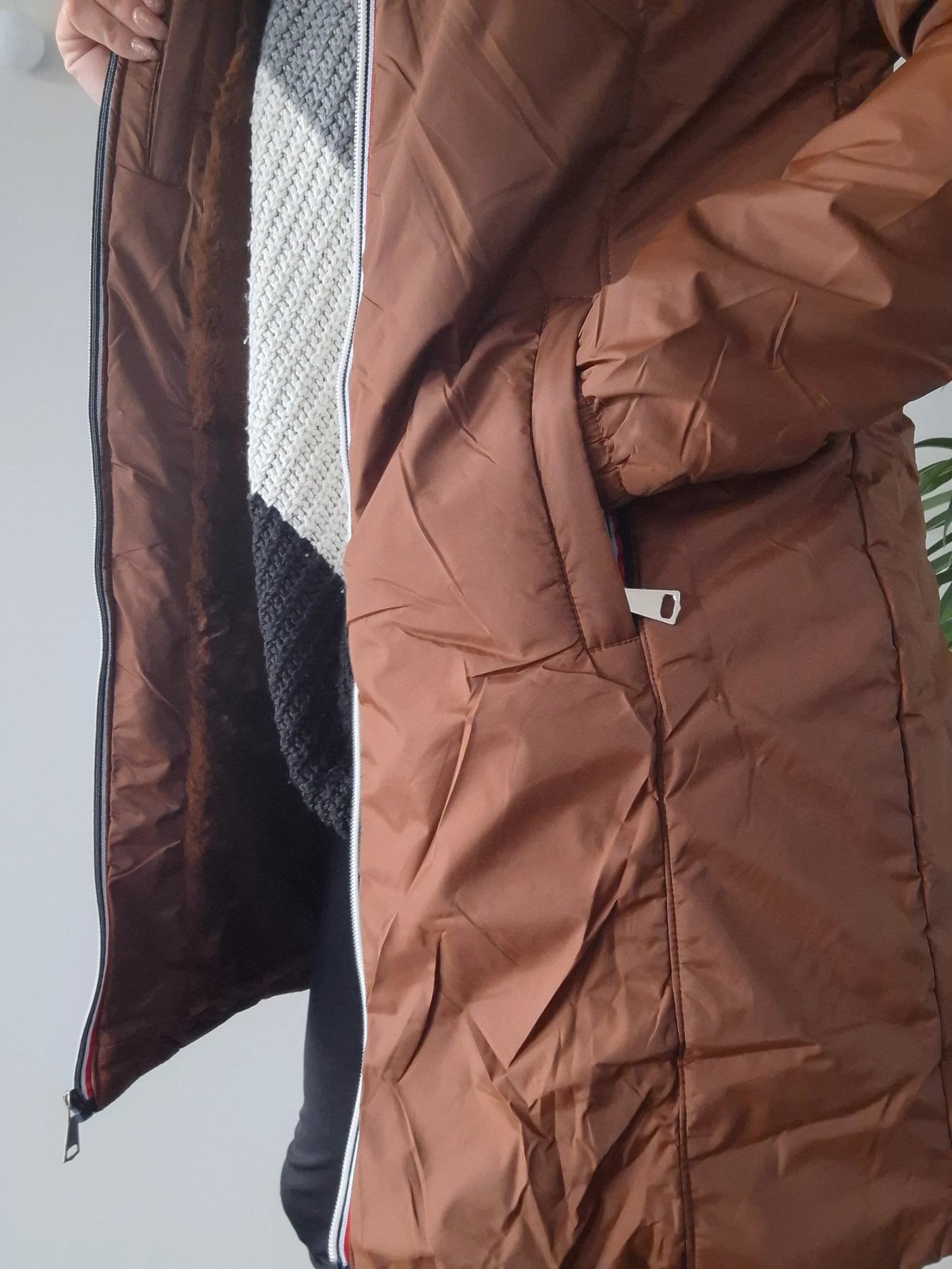 Melya Melody - Manteau long imperméable fourré fausse fourrure marron chocolat