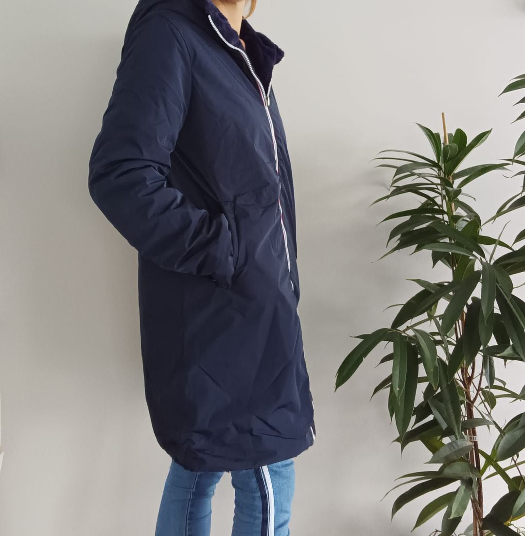 Melya Melody - Manteau long fourré fausse fourrure réversible imperméable bleu marine