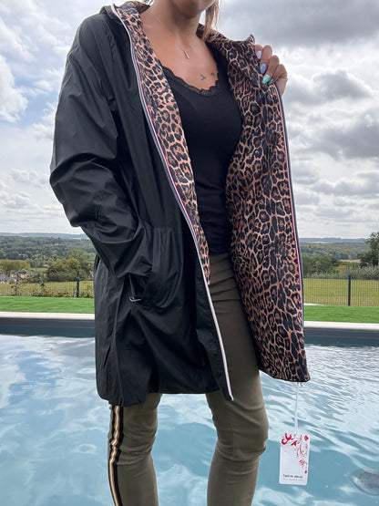 New Lolo - Imperméable réversible long sans garnissage ouate couleur noir/léopard