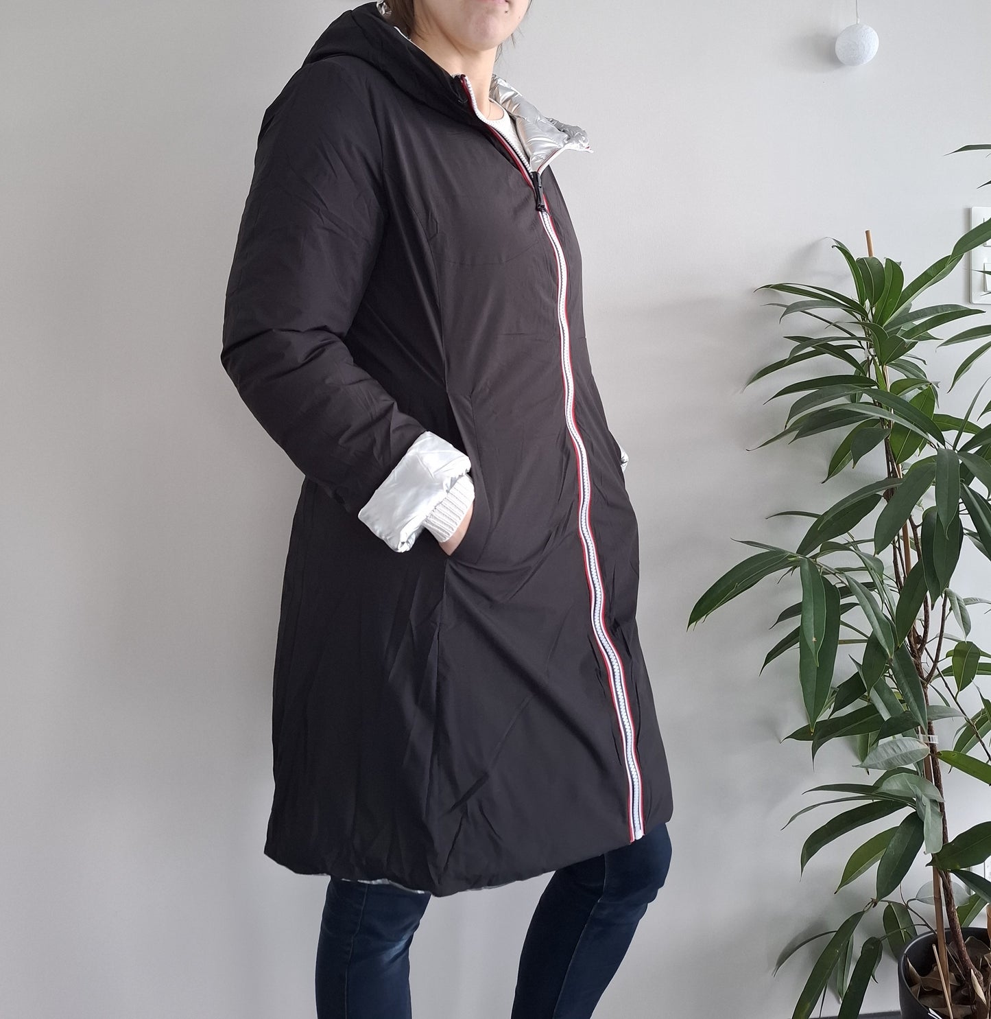 Doudoune manteau imperméable long noir réversible matelassé argenté