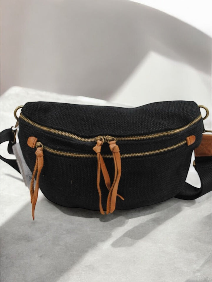 Nouveautés - Sac banane en jute noir 2 poches doubles curseurs