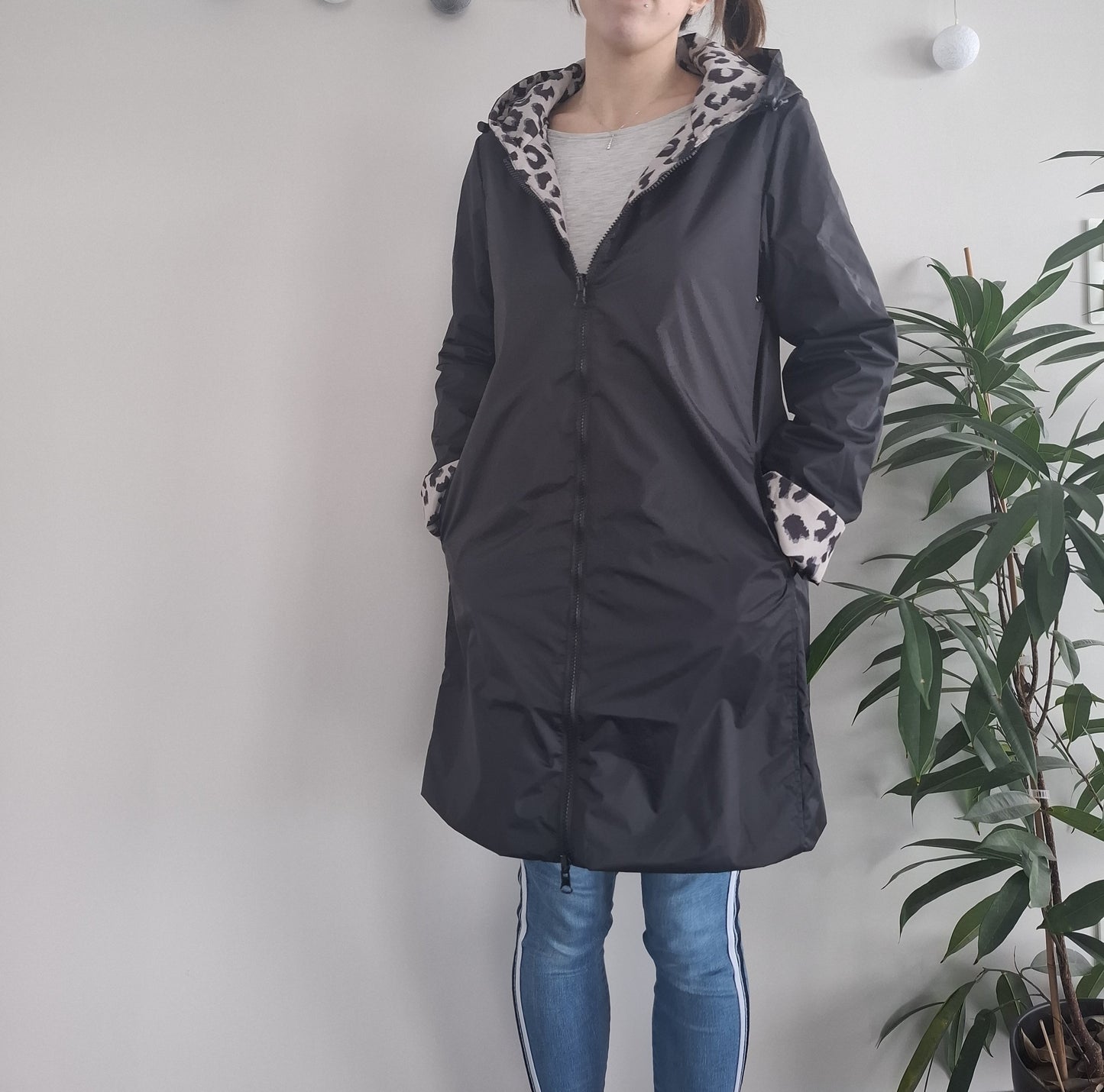 Laura Jo - Imperméable noir réversible léopard long mi-saison garnissage ouate