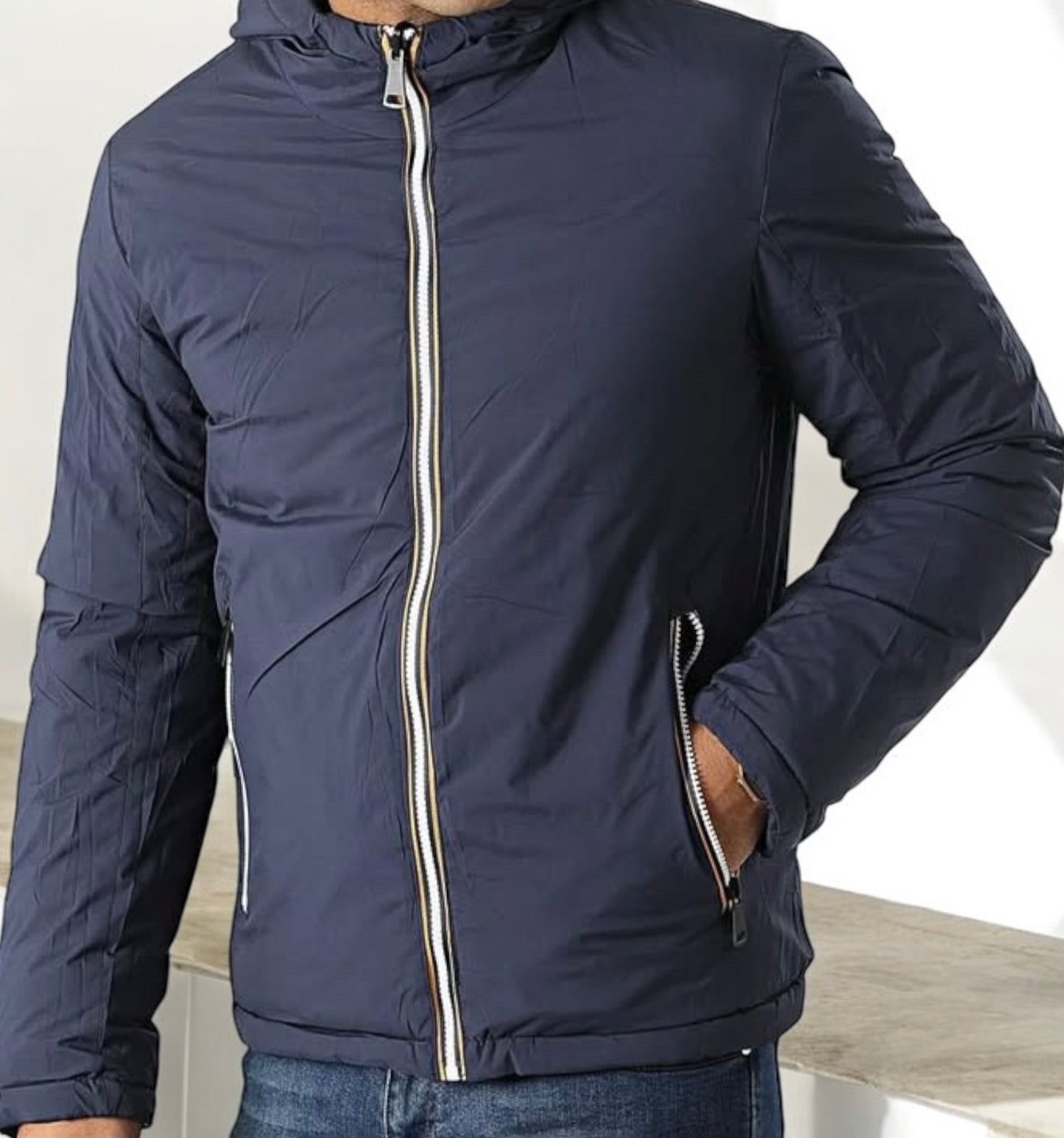 Doudoune à capuche HOMME courte imperméable et réversible matelassé bleu marine