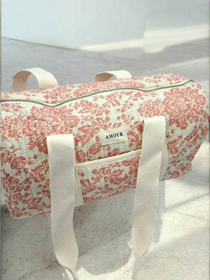 Sac polochon blanc en coton liberty fleuri corail