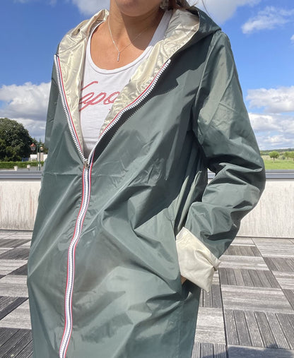 Imperméable réversible long sans garnissage ouate couleur vert forêt/doré marque Laura Jo