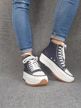Chaussures baskets haute plate-forme toile couleur Bleu marine et blanc