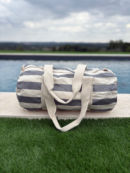 Sac polochon en coton rayé gris et blanc