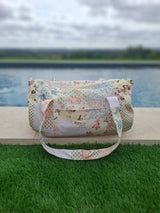 Bolsa de viaje de fin de semana de lona de algodón patchwork multicolor floral color Azul claro naranja