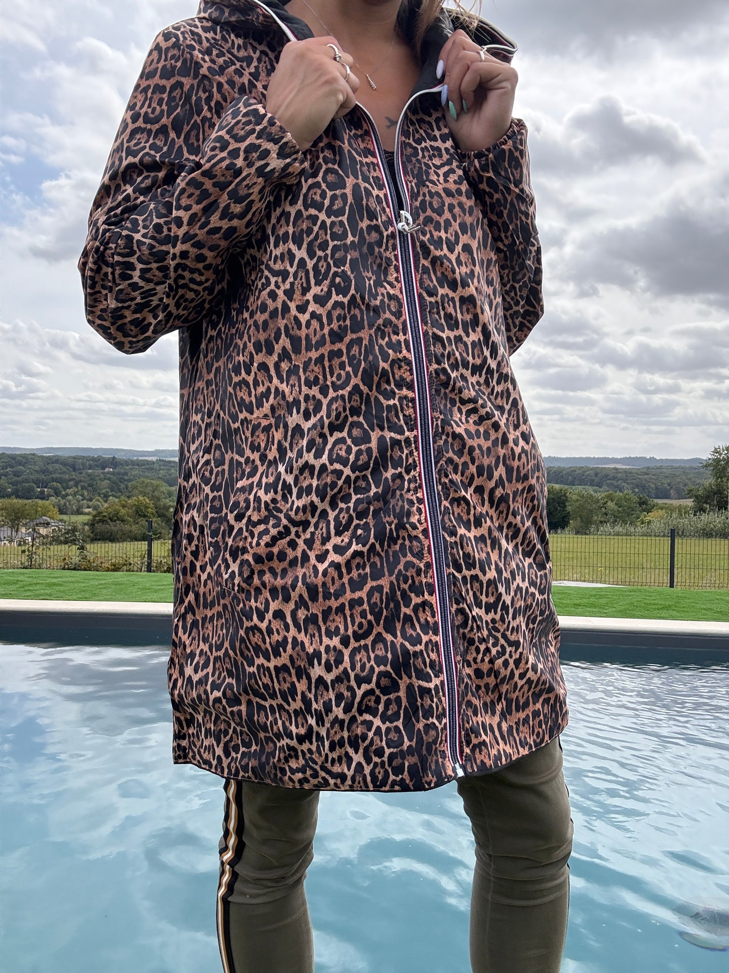 New Lolo - Imperméable réversible long sans garnissage ouate couleur noir/léopard