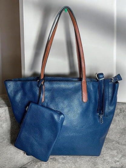 Sac à main 3 pieces simili cuir bleu marine avec porte monnaie et trousse et anses camel