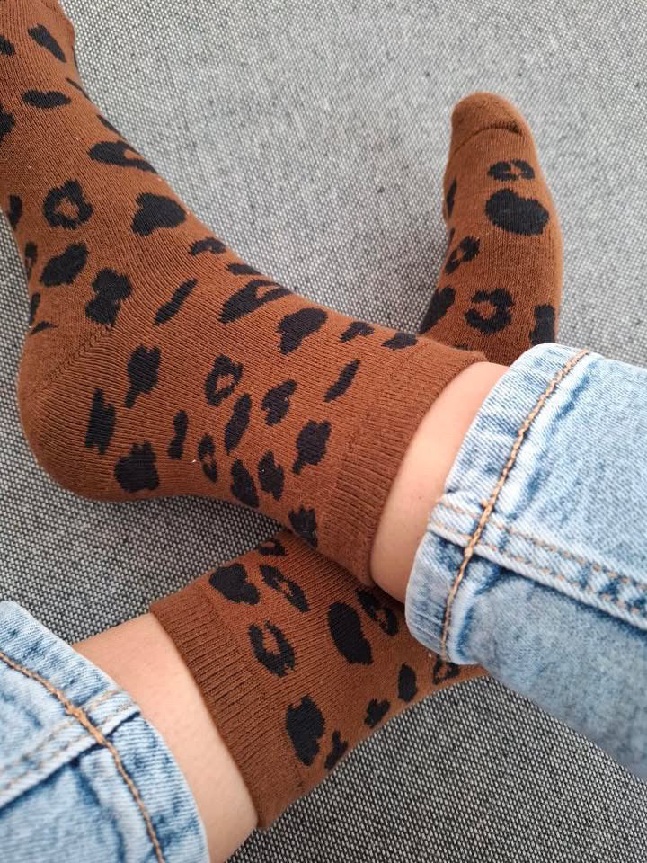 Nouveautés - Chaussettes marron en coton à motif léopard noir