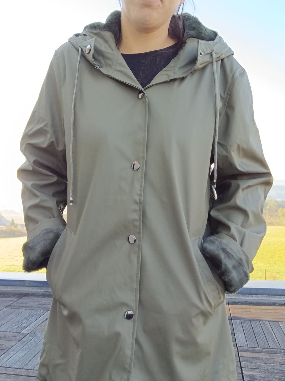 Manteau ciré long fourré imperméable kaki