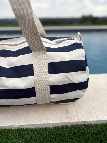 Sac polochon en coton rayé bleu marine et blanc