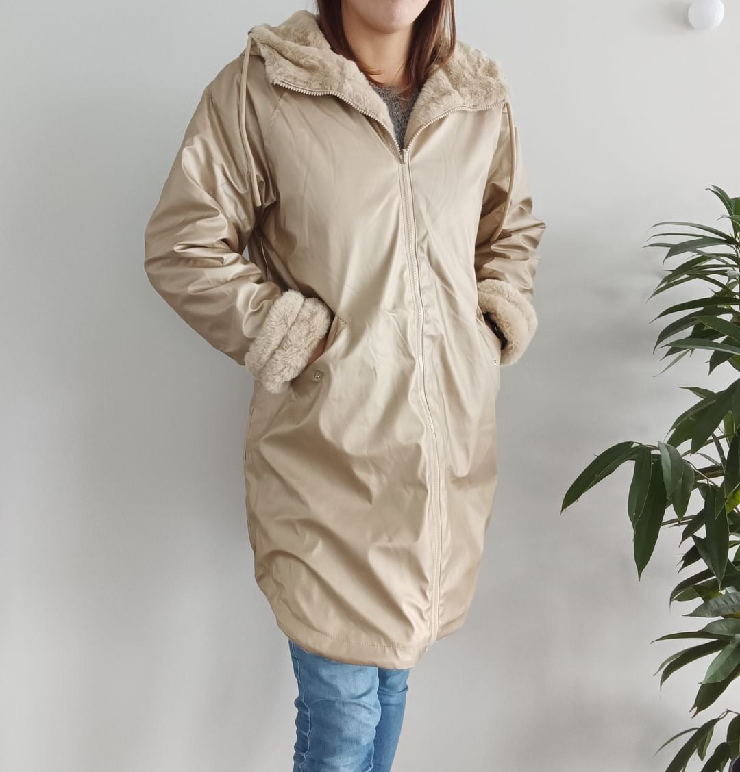 Melya Melody - Manteau long mi cuisses type ciré imperméable fourré réversible doré