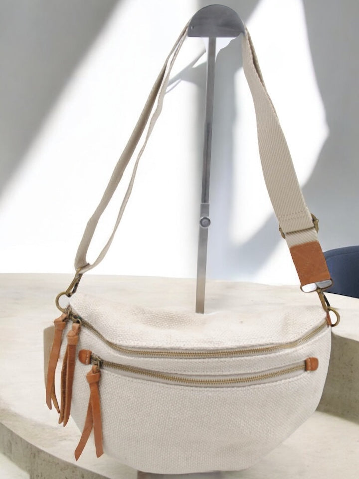 Nouveautés - Sac banane en jute beige 2 poches doubles curseurs