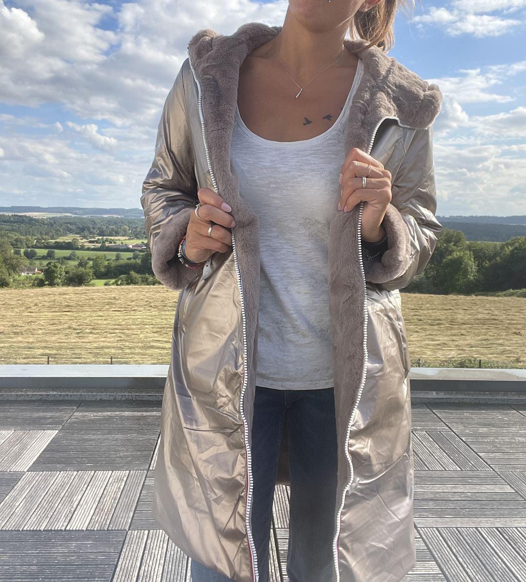 Melya Melody - Manteau long fourré fausse fourrure réversible imperméable bronze - Curvy