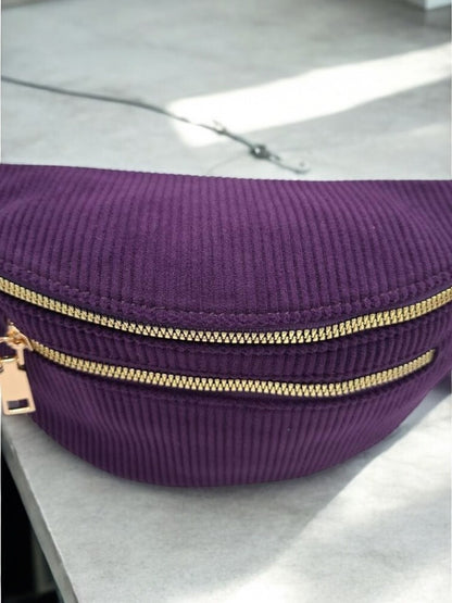 Sac banane velours côtelé 2 poches violet sangle fantaisie