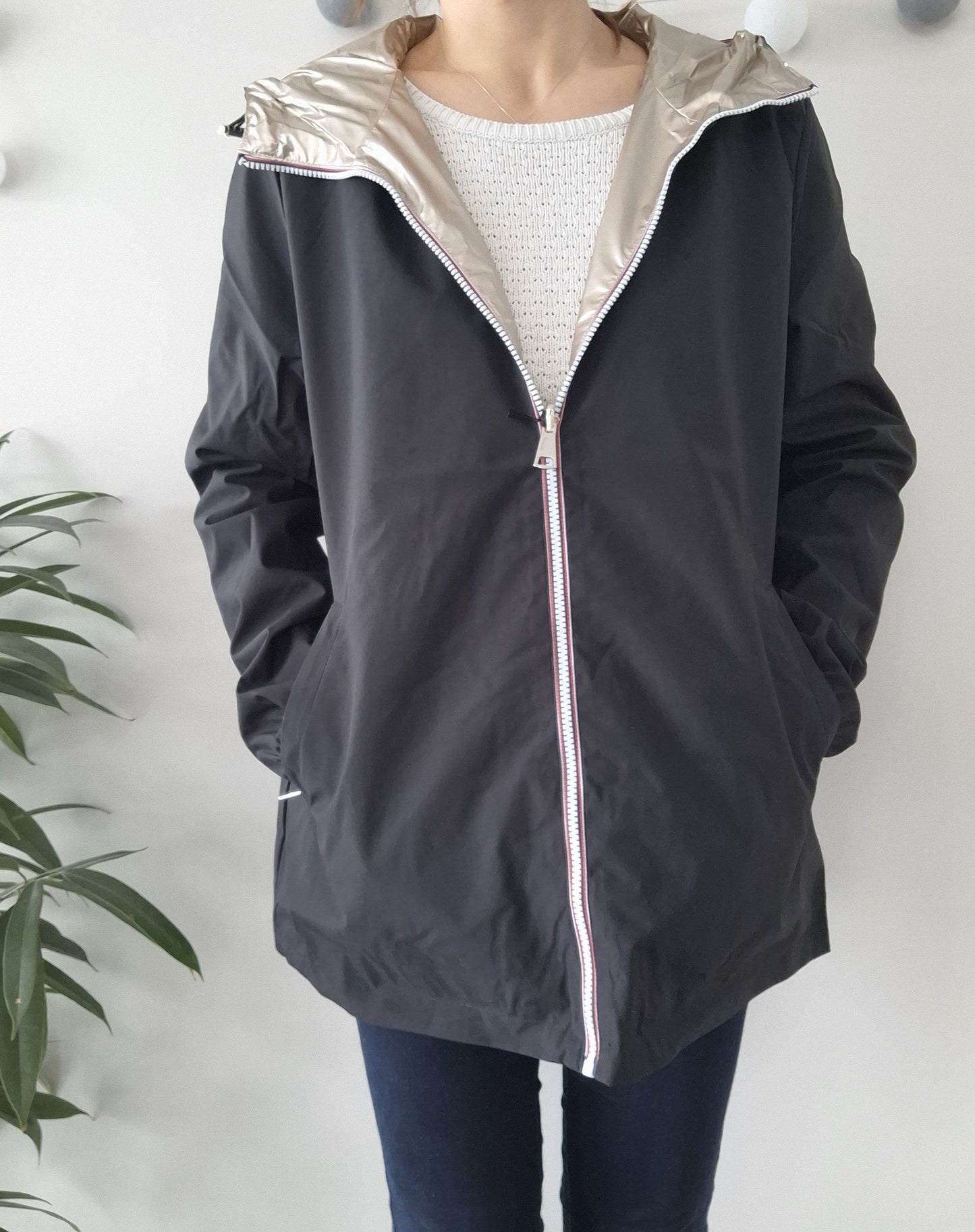 Manteau imperméable réversible mi-long léger Noir/doré