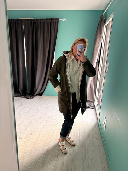 Laura Jo - Imperméable réversible long mi-saison garnissage ouate kaki / doré