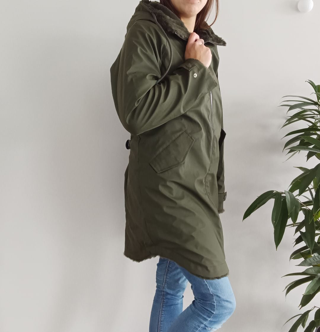 Melya Melody - Manteau long mi cuisses type ciré imperméable fourré réversible kaki