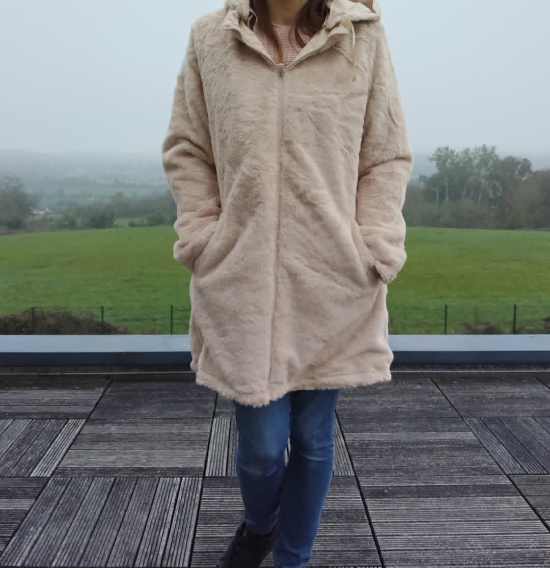 New Lolo - Manteau long BEIGE zip uni réversible, imperméable et complètement fourré resserrable à la taille