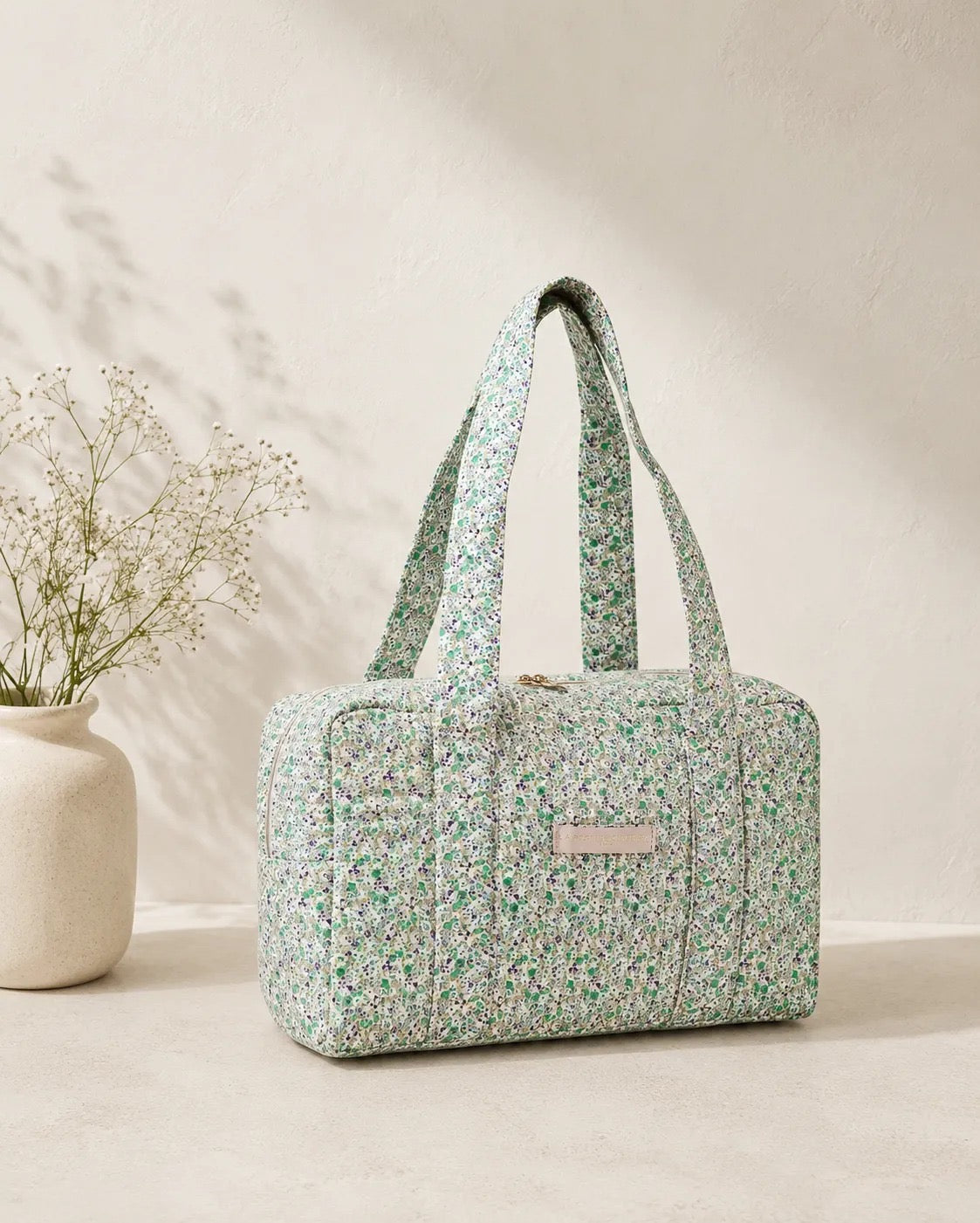 Sac Polochon Vert Motif Floral – Sac de Voyage Femme Matelassé