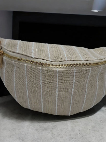 Sac banane en coton tissu bohème beige à rayures blanc doré