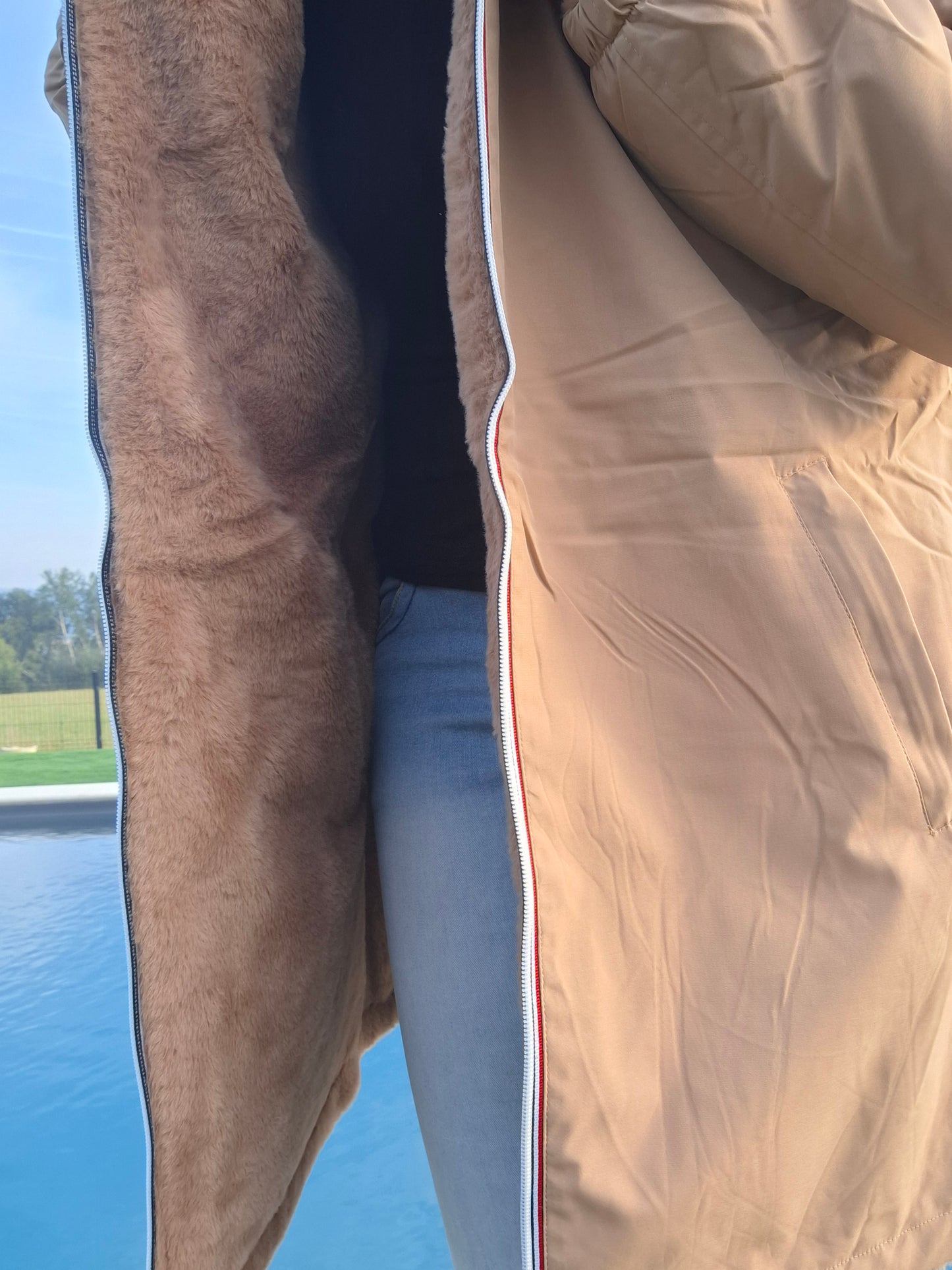 New Lolo - Manteau long camel clair fourré complet réversible imperméable
