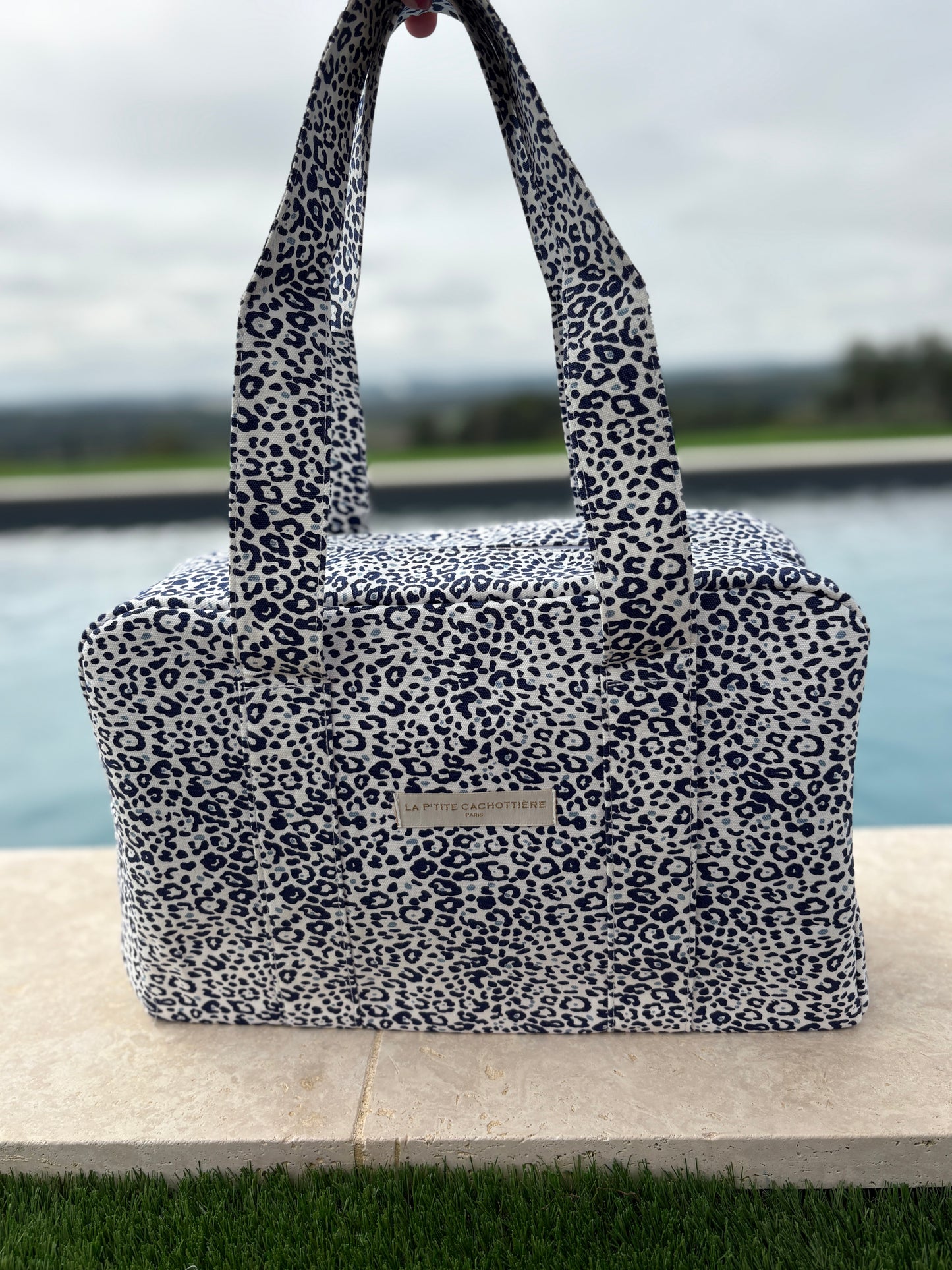 Sac week-end de voyage polochon coton fin léopard bleu marine blanc