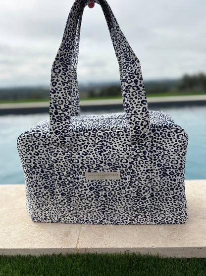 Sac week-end de voyage polochon coton fin léopard bleu marine blanc