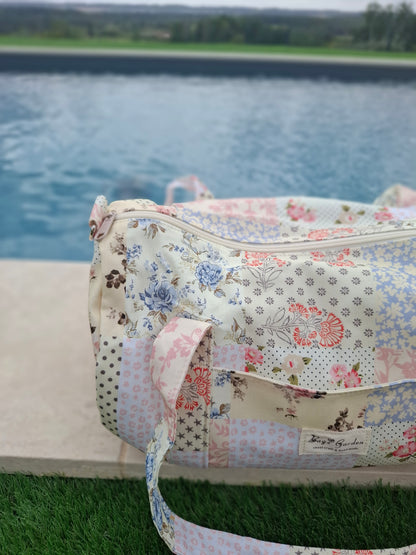 Sac polochon week end de voyage en tissu coton patchwork multicolore fleuri bleu clair orange