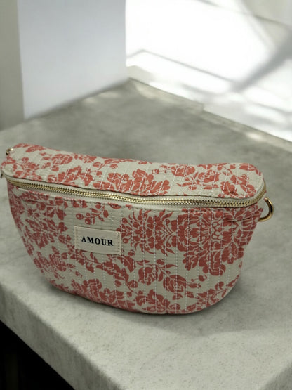 Sac banane coton matelassé blanc liberty fleuri corail creme
