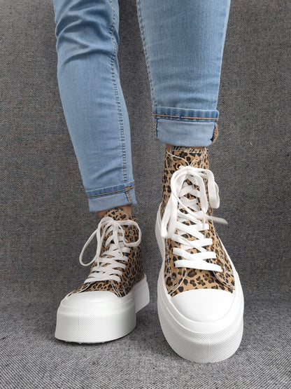 Chaussures baskets hautes en tissu toile leopard marron beige semelles compensées