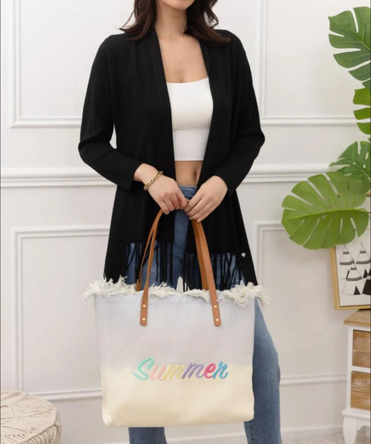 Nouveautés - Sac cabas beige clair et bleu clair porté épaule dégradé avec inscription Summer