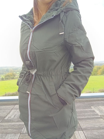 New Lolo - Manteau long KAKI réversible, imperméable et complètement fourré resserrable à la taille