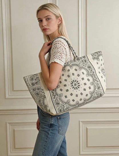 Grand Sac Polochon Paisley Blanc – Le Sac Bohème Chic de Toutes les Saisons