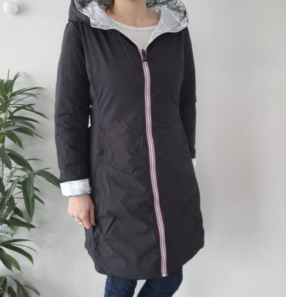 Doudoune manteau imperméable long noir réversible matelassé argenté