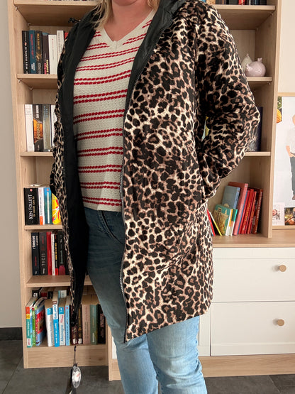 Parka Impermeable Reversible Larga de Mujer Laura Jo - Negra y Leopardo con Capucha