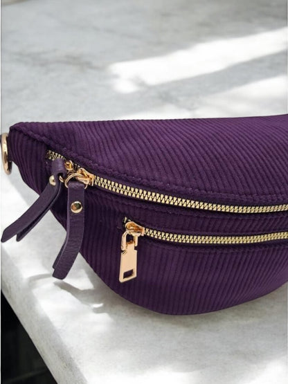 Sac banane velours côtelé 2 poches violet sangle fantaisie