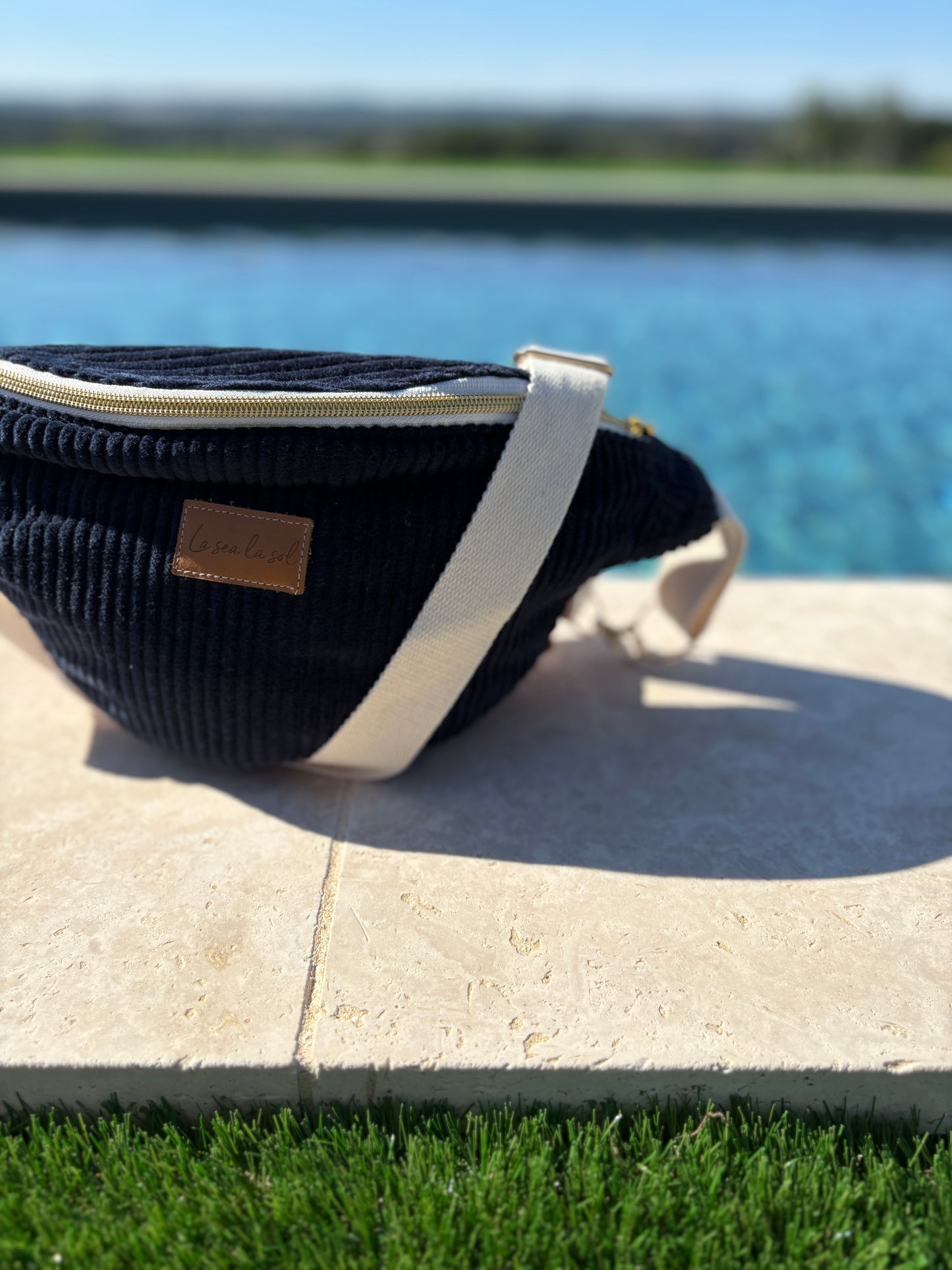 Sac banane velours cotelé bleu marine intérieur coton fait main