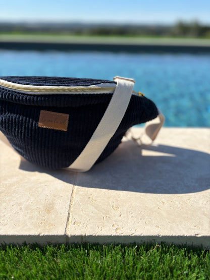 Sac banane velours cotelé bleu marine intérieur coton fait main